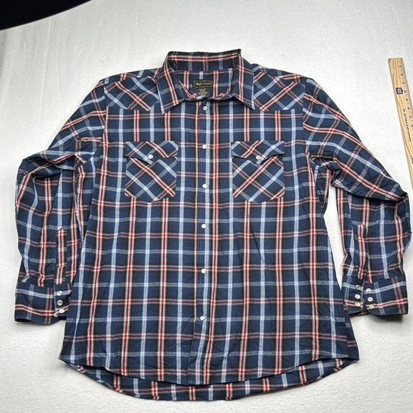 high noon Other - Casual Button Down Shirt Blue Red plaid pearl snaps buttons size XL long sleeve